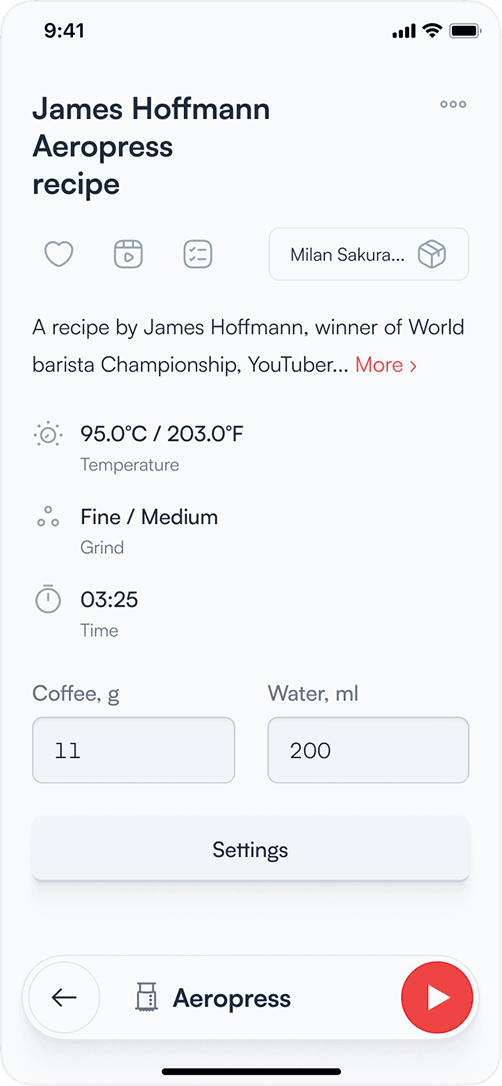 Coffee timer app — recipe list
