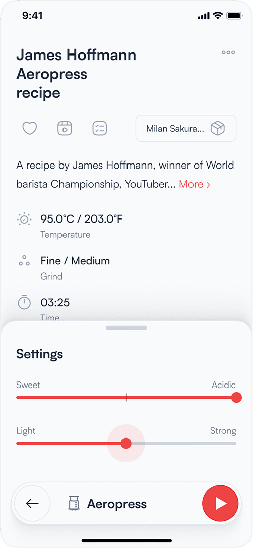 Coffee timer app — recipe detail