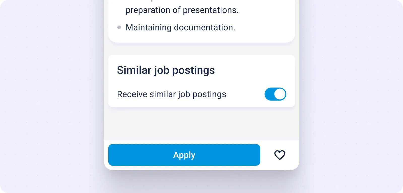 The bottom of a job posting: a toggle for receiving similar job postings above the sticky Apply button and the heart icon that saves the job