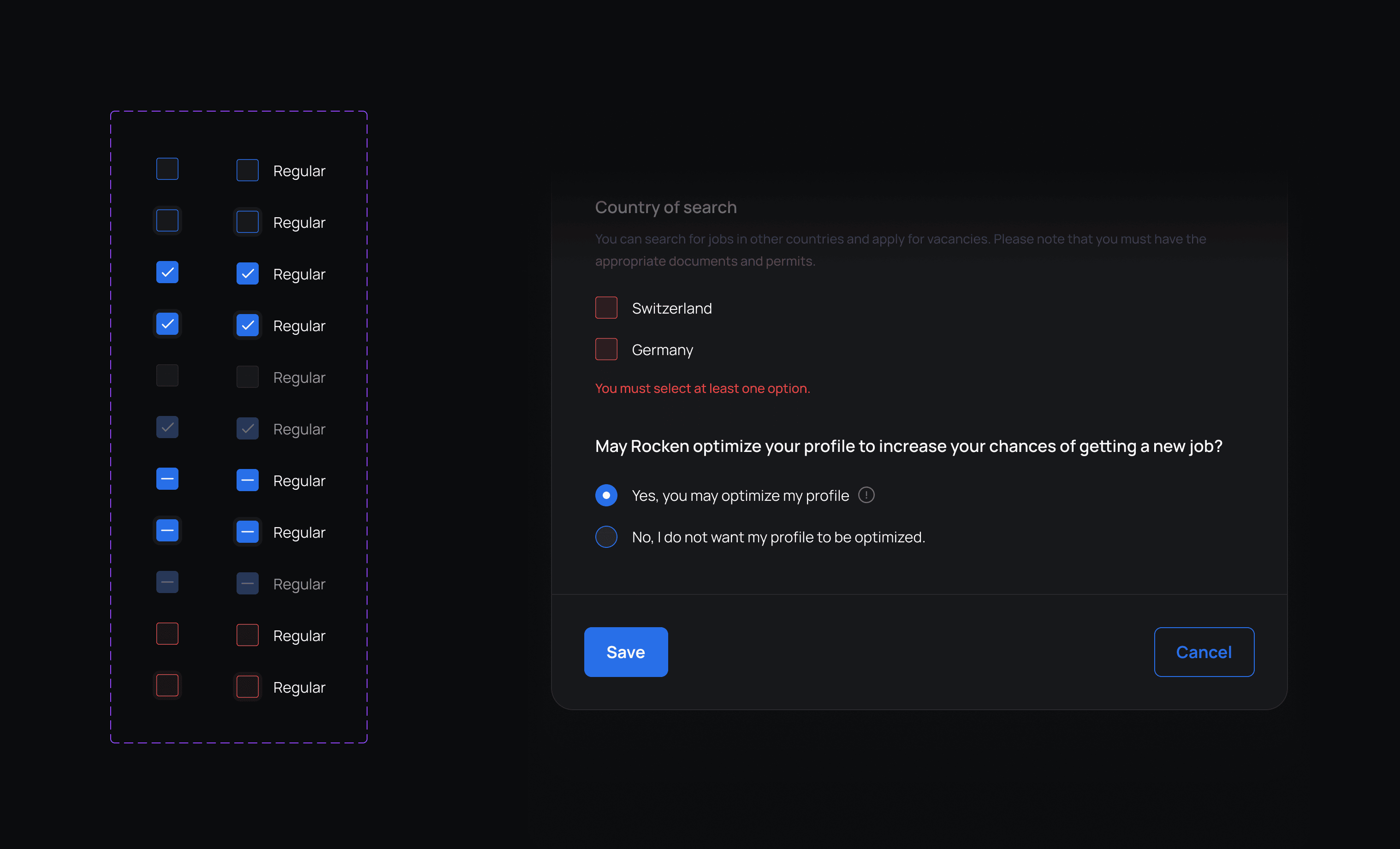 Checkbox component states in a design system