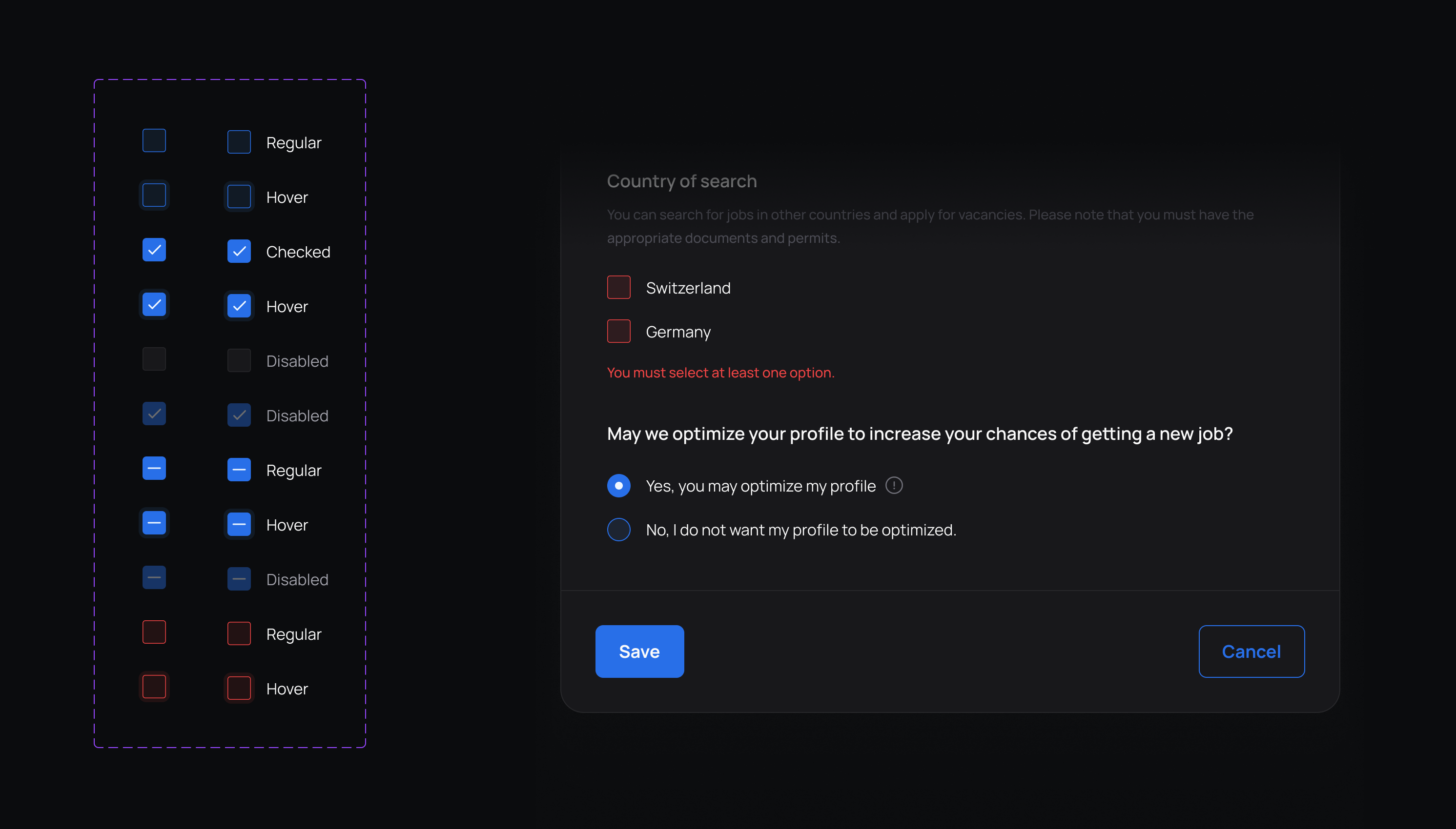 Checkbox component states in a design system