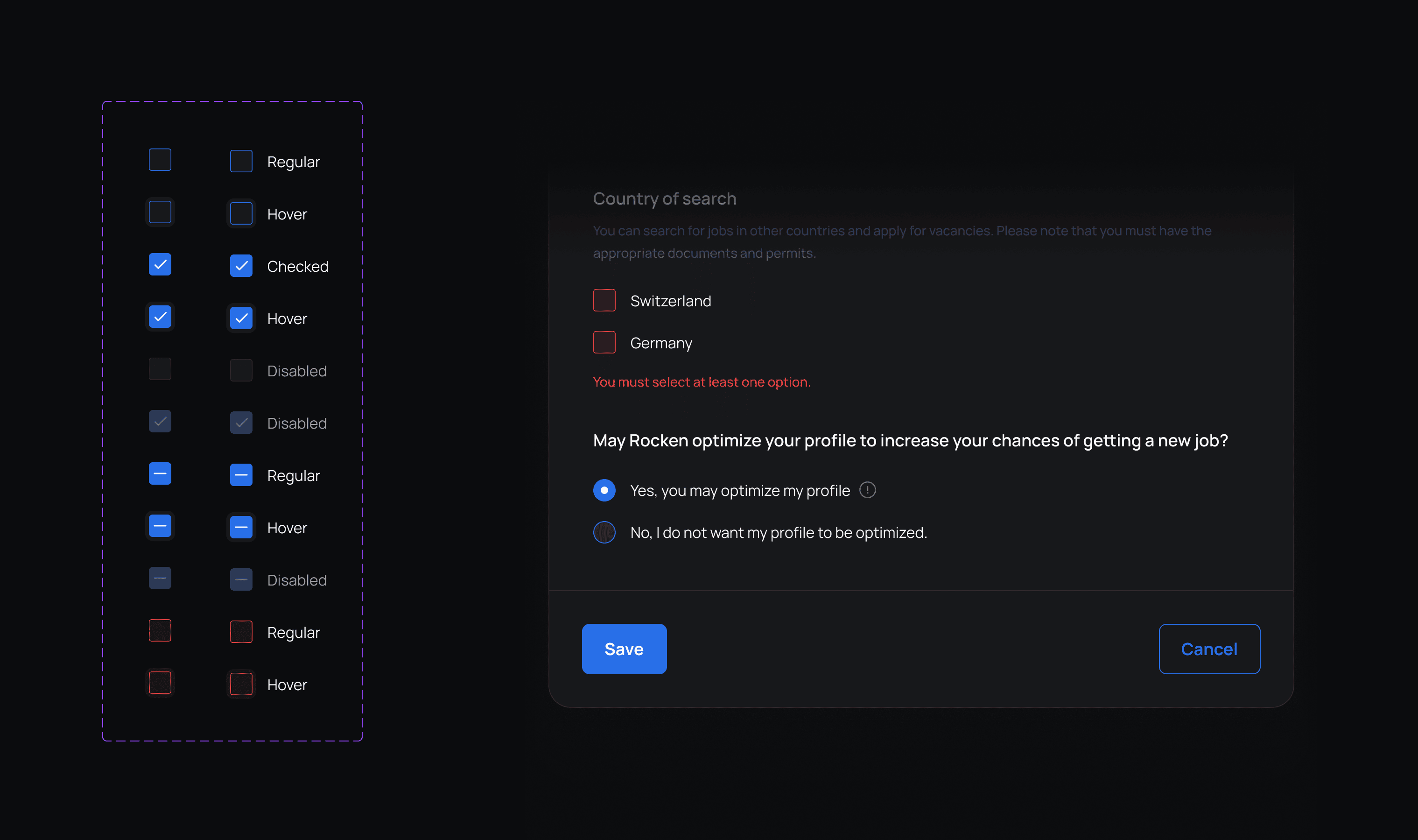 Checkbox component states in a design system