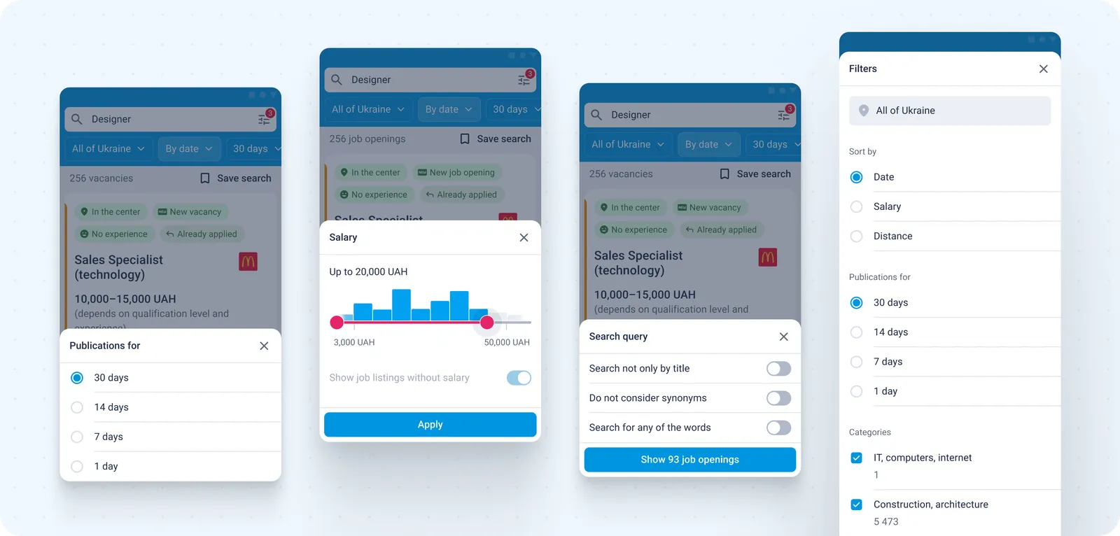 Filters across four screens: a publication-period sheet, a salary range slider over a histogram, search-query toggles, and the full-screen filter list